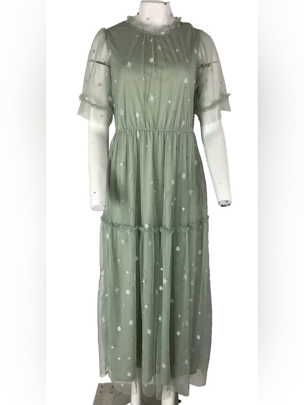 One Loved Babe Sz L Chiffon Maxi Tiered Star Fairy Witchy Look Dress Green